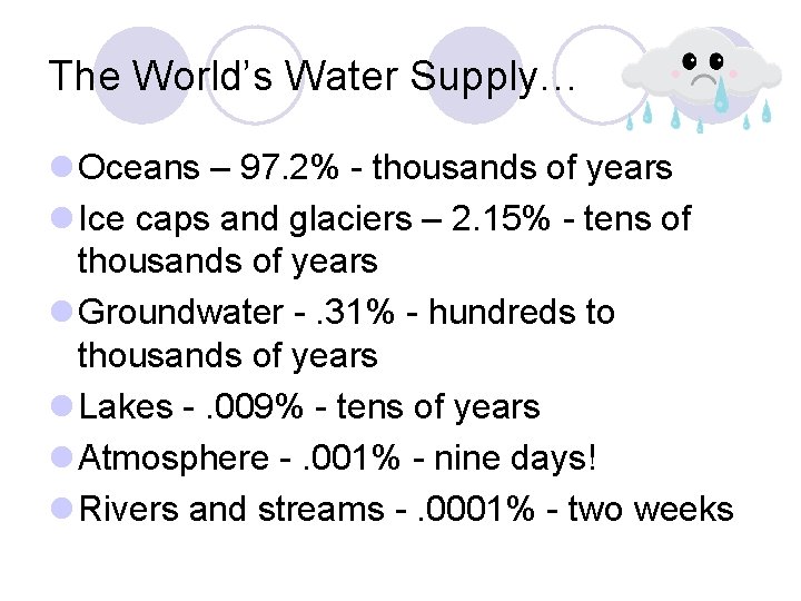 The World’s Water Supply… l Oceans – 97. 2% - thousands of years l