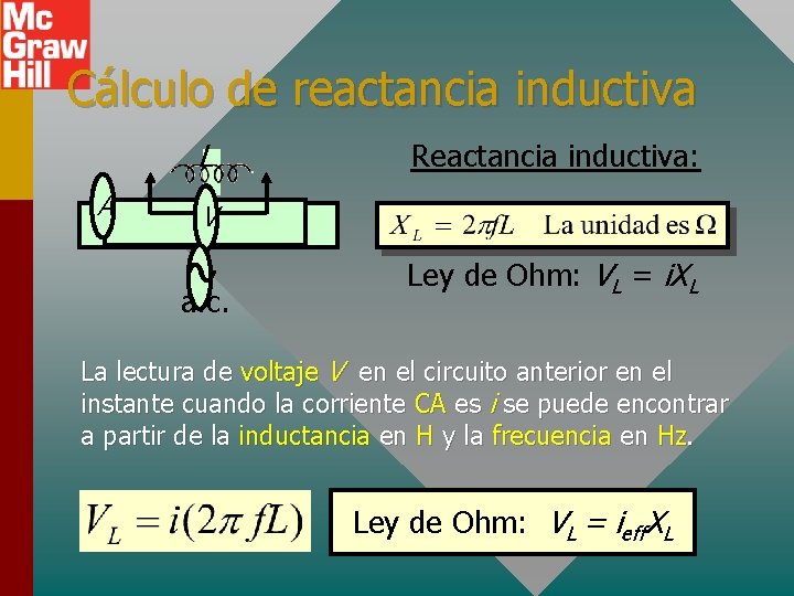 Cálculo de reactancia inductiva L A Reactancia inductiva: V a. c. Ley de Ohm: