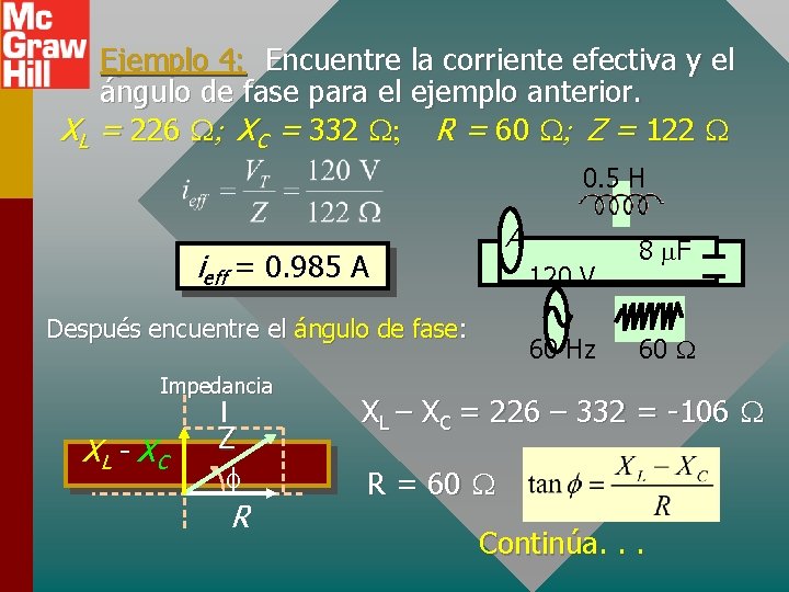 Ejemplo 4: Encuentre la corriente efectiva y el ángulo de fase para el ejemplo