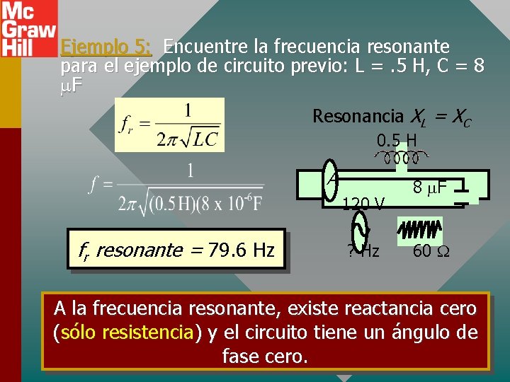 Ejemplo 5: Encuentre la frecuencia resonante para el ejemplo de circuito previo: L =.