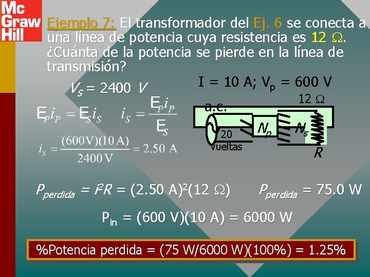 Ejemplo 7: El transformador del Ej. 6 se conecta a una línea de potencia