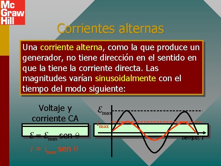 Corrientes alternas Una corriente alterna, como la que produce un generador, no tiene dirección