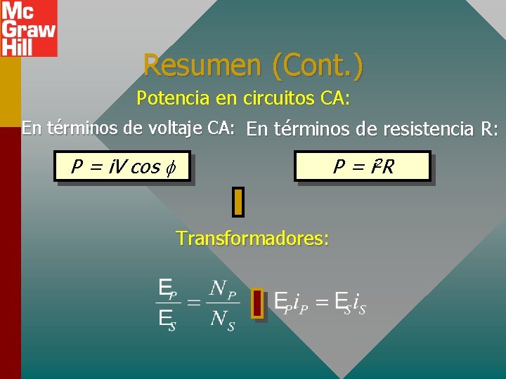 Resumen (Cont. ) Potencia en circuitos CA: En términos de voltaje CA: En términos