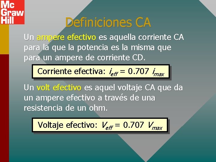 Definiciones CA Un ampere efectivo es aquella corriente CA para la que la potencia