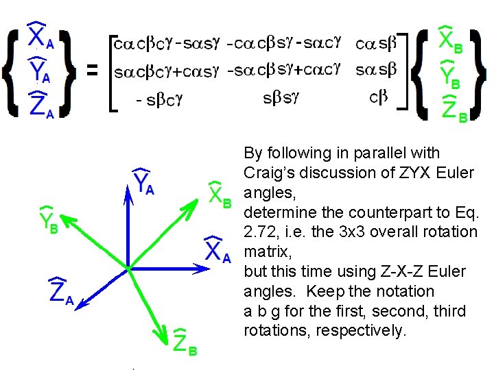 By following in parallel with Craig’s discussion of ZYX Euler angles, determine the counterpart