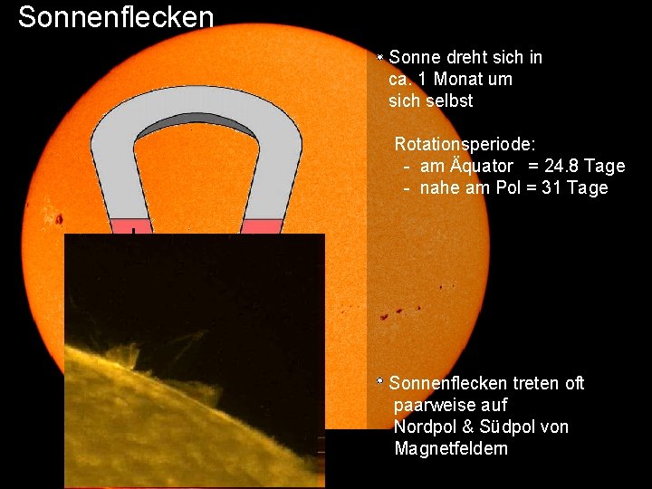 Sonnenflecken Sonne dreht sich in ca. 1 Monat um sich selbst Rotationsperiode: - am