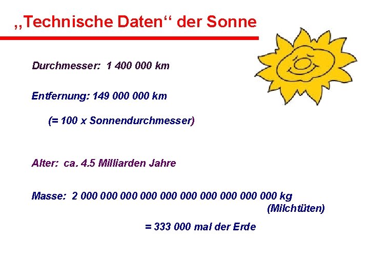 , , Technische Daten‘‘ der Sonne Durchmesser: 1 400 000 km Entfernung: 149 000