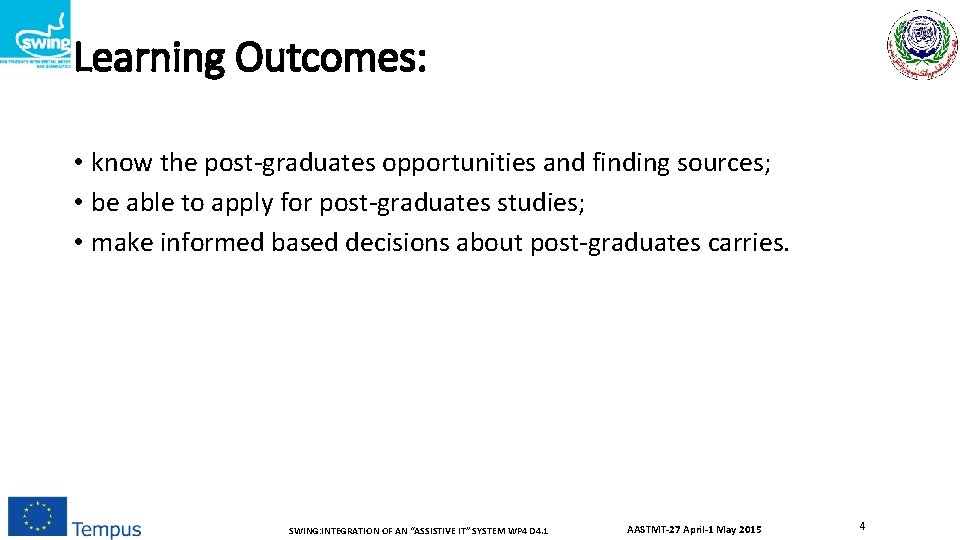 Learning Outcomes: • know the post-graduates opportunities and finding sources; • be able to