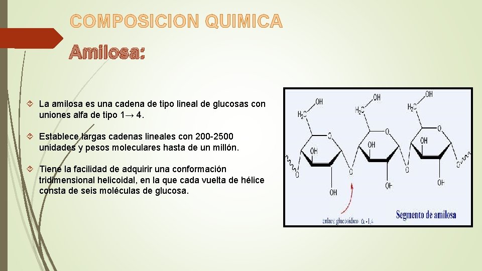 COMPOSICION QUIMICA Amilosa: La amilosa es una cadena de tipo lineal de glucosas con COMPOSICION QUIMICA Amilosa: La amilosa es una cadena de tipo lineal de glucosas con