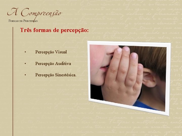 Três formas de percepção: • Percepção Visual • Percepção Auditiva • Percepção Sinestésica. 