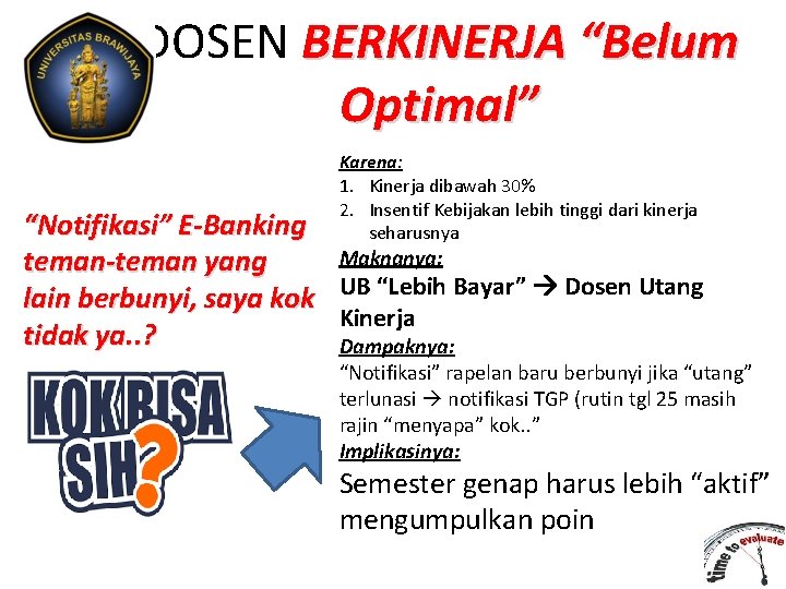 DOSEN BERKINERJA “Belum Optimal” Karena: 1. Kinerja dibawah 30% 2. Insentif Kebijakan lebih tinggi DOSEN BERKINERJA “Belum Optimal” Karena: 1. Kinerja dibawah 30% 2. Insentif Kebijakan lebih tinggi