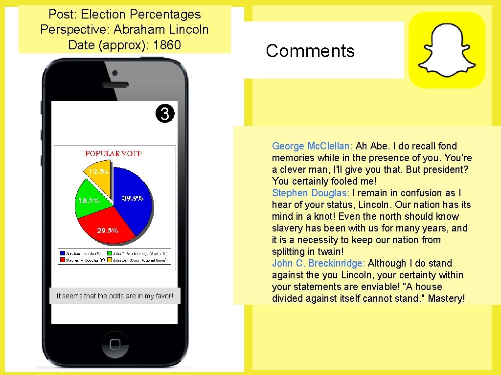 Post: Election Percentages Perspective: Abraham Lincoln Date (approx): 1860 Comments 3 It seems that