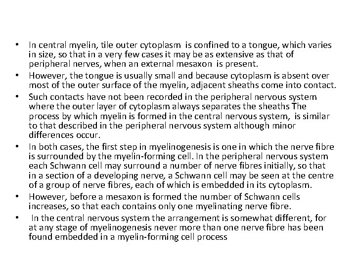  • In central myelin, tile outer cytoplasm is confined to a tongue, which