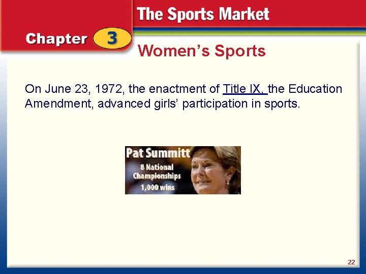 Women’s Sports On June 23, 1972, the enactment of Title IX, the Education Amendment,