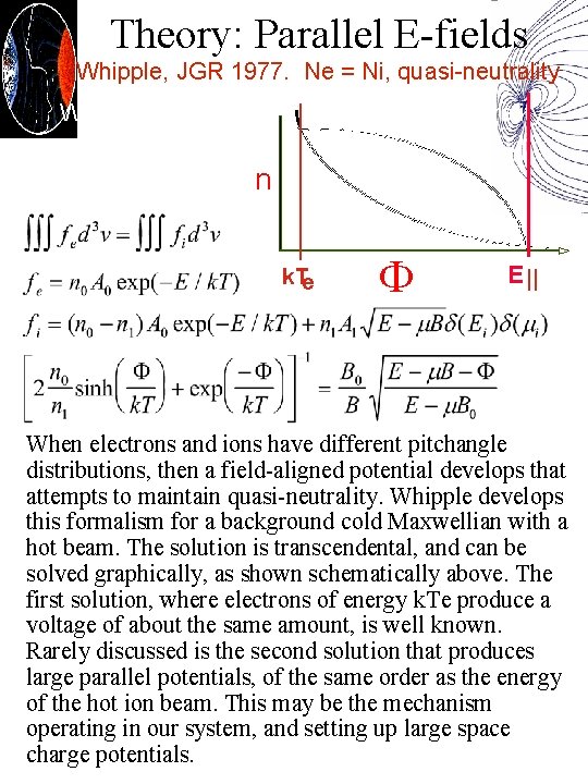 Theory: Parallel E-fields ; ; Whipple, JGR 1977. Ne = Ni, quasi-neutrality n k.