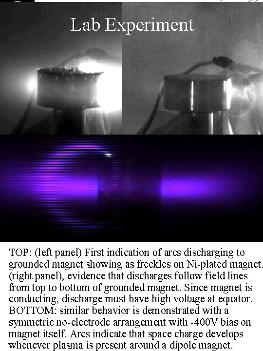 Lab Experiment TOP: (left panel) First indication of arcs discharging to grounded magnet showing