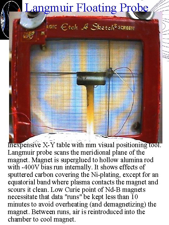 Langmuir Floating Probe Inexpensive X-Y table with mm visual positioning tool. Langmuir probe scans