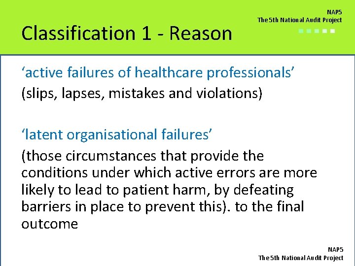 Classification 1 - Reason NAP 5 The 5 th National Audit Project ■■■■■ ‘active