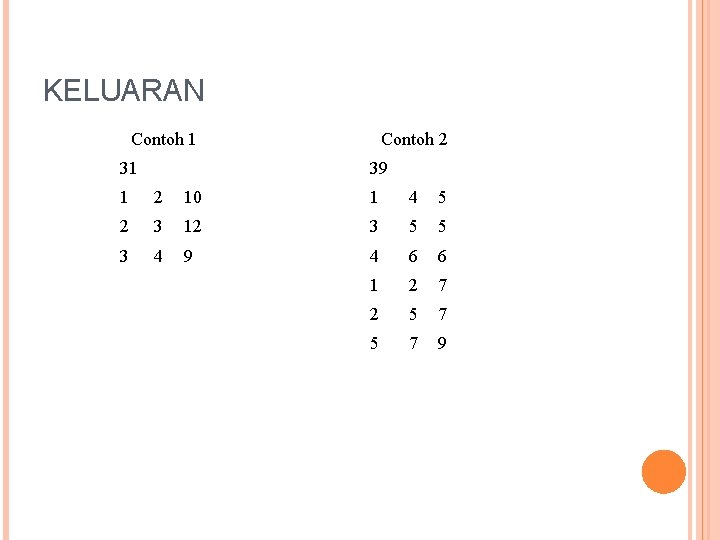 KELUARAN Contoh 1 31 Contoh 2 39 1 2 10 1 4 5 2