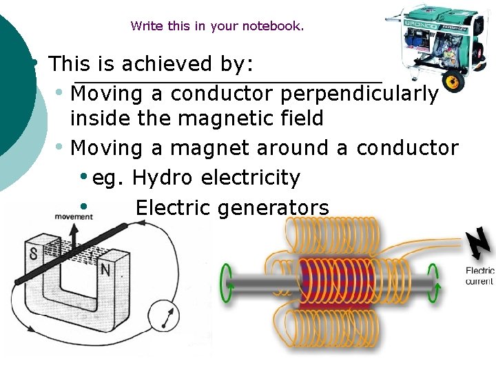 Write this in your notebook. • This is achieved by: • Moving a conductor Write this in your notebook. • This is achieved by: • Moving a conductor