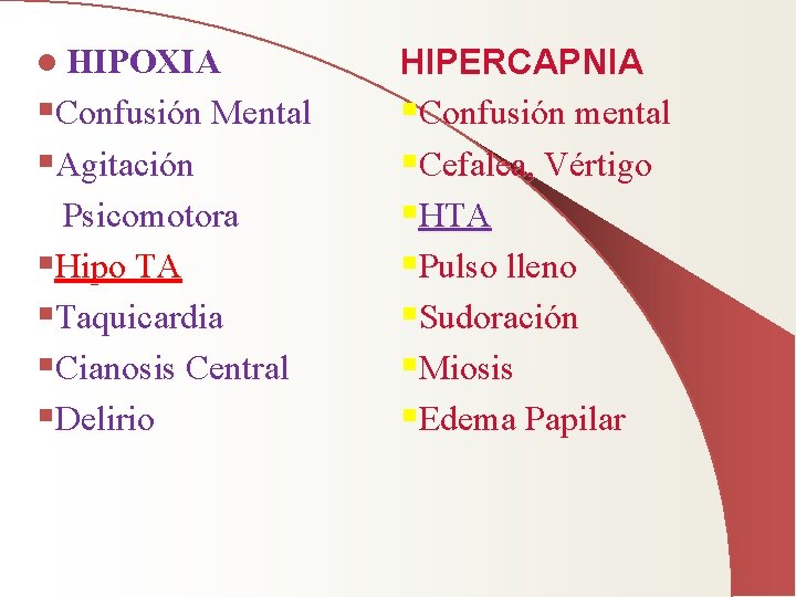 l HIPOXIA §Confusión Mental §Agitación Psicomotora §Hipo TA §Taquicardia §Cianosis Central §Delirio HIPERCAPNIA §Confusión