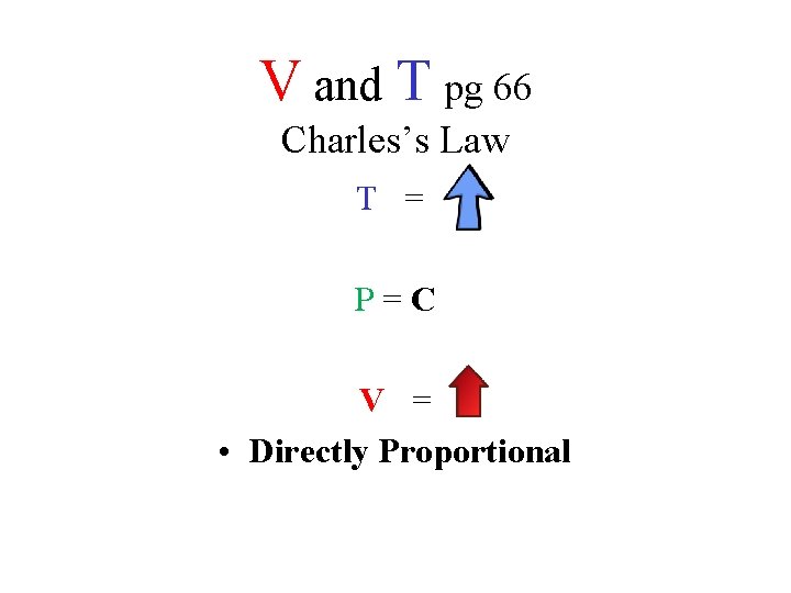 V and T pg 66 Charles’s Law T = P=C V = • Directly