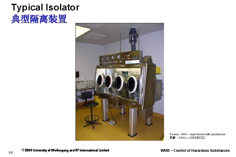 Typical Isolator 典型隔离装置 Source: GSK – reproduced with permission 来源：GSK——��可�� 64. © 2008 University