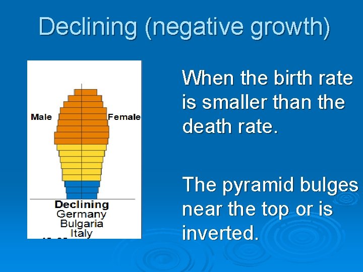 Declining (negative growth) When the birth rate is smaller than the death rate. The