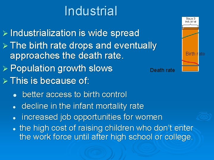 Industrial Ø Industrialization is wide spread Ø The birth rate drops and eventually approaches