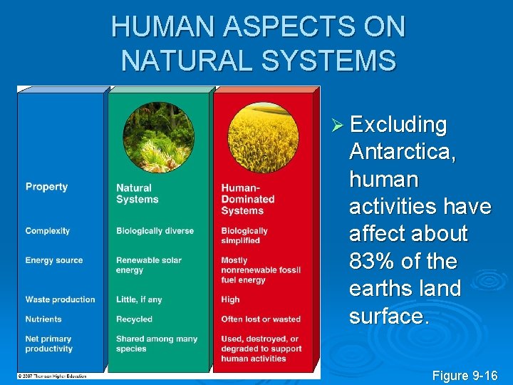 HUMAN ASPECTS ON NATURAL SYSTEMS Ø Excluding Antarctica, human activities have affect about 83%