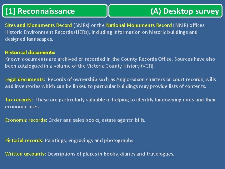 [1] Reconnaissance (A) Desktop survey Sites and Monuments Record (SMRs) or the National Monuments