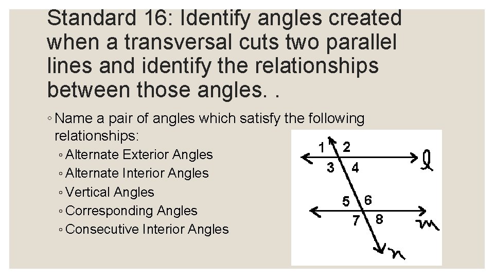 Standard 16: Identify angles created when a transversal cuts two parallel lines and identify