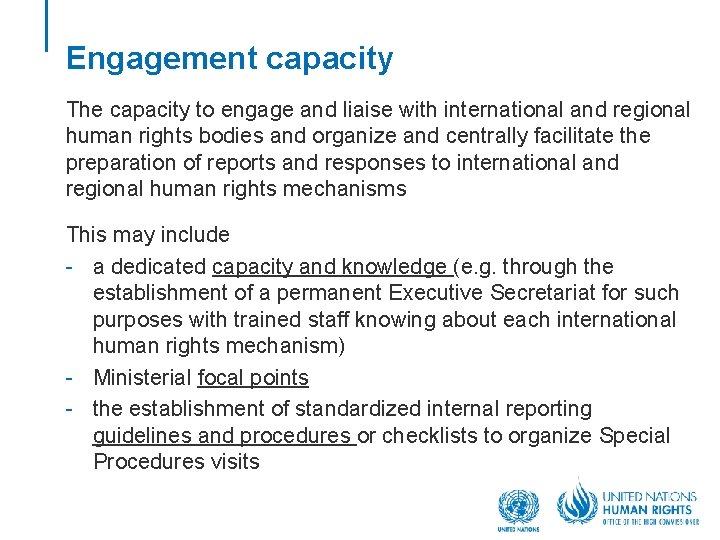 Engagement capacity The capacity to engage and liaise with international and regional human rights