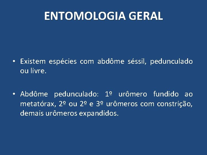 ENTOMOLOGIA GERAL • Existem espécies com abdôme séssil, pedunculado ou livre. • Abdôme pedunculado: ENTOMOLOGIA GERAL • Existem espécies com abdôme séssil, pedunculado ou livre. • Abdôme pedunculado: