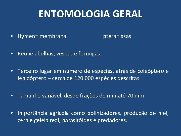 ENTOMOLOGIA GERAL • Hymen= membrana ptera= asas • Reúne abelhas, vespas e formigas. • ENTOMOLOGIA GERAL • Hymen= membrana ptera= asas • Reúne abelhas, vespas e formigas. •