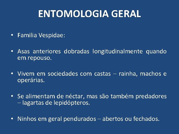 ENTOMOLOGIA GERAL • Familia Vespidae: • Asas anteriores dobradas longitudinalmente quando em repouso. • ENTOMOLOGIA GERAL • Familia Vespidae: • Asas anteriores dobradas longitudinalmente quando em repouso. •