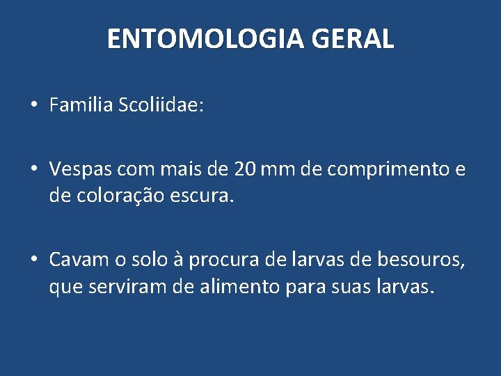 ENTOMOLOGIA GERAL • Familia Scoliidae: • Vespas com mais de 20 mm de comprimento ENTOMOLOGIA GERAL • Familia Scoliidae: • Vespas com mais de 20 mm de comprimento