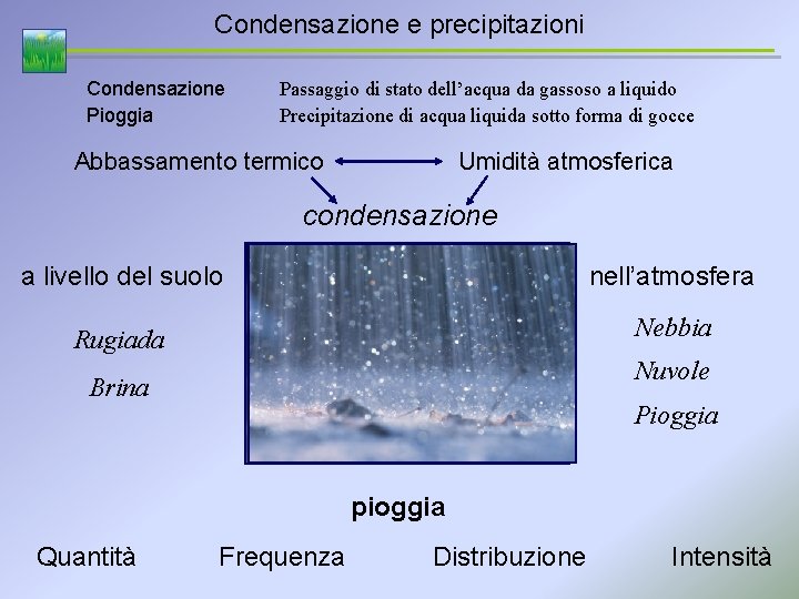 Condensazione e precipitazioni Condensazione Pioggia Passaggio di stato dell’acqua da gassoso a liquido Precipitazione