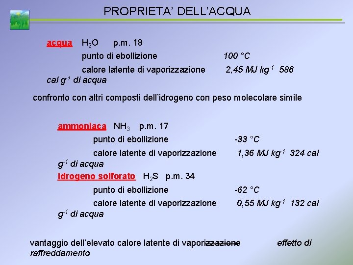 PROPRIETA’ DELL’ACQUA acqua H 2 O p. m. 18 punto di ebollizione calore latente