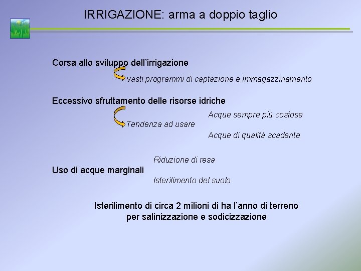 IRRIGAZIONE: arma a doppio taglio Corsa allo sviluppo dell’irrigazione vasti programmi di captazione e