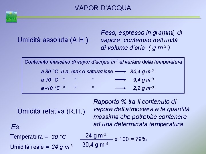 VAPOR D’ACQUA Peso, espresso in grammi, di vapore contenuto nell’unità di volume d’aria (