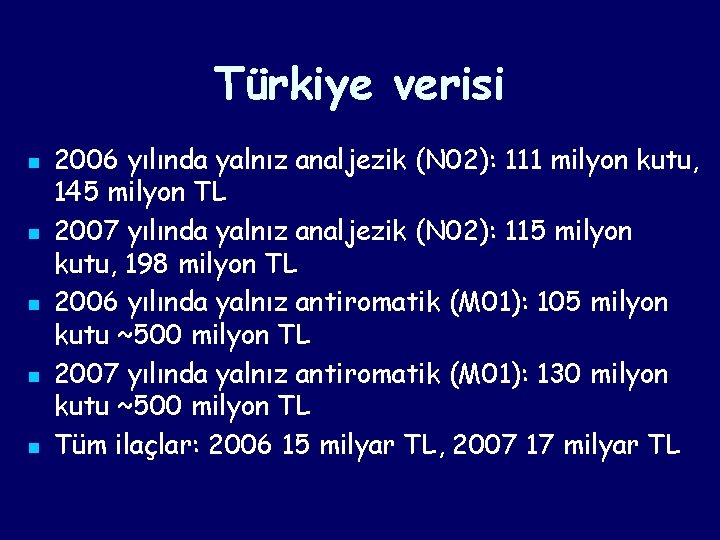 Türkiye verisi n n n 2006 yılında yalnız analjezik (N 02): 111 milyon kutu, Türkiye verisi n n n 2006 yılında yalnız analjezik (N 02): 111 milyon kutu,