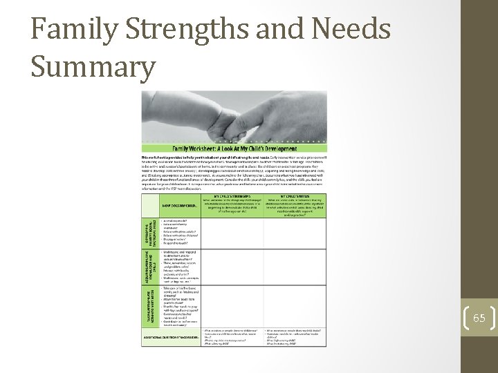 Family Strengths and Needs Summary 65 