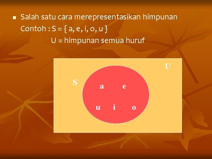 n Salah satu cara merepresentasikan himpunan Contoh : S = { a, e, i,