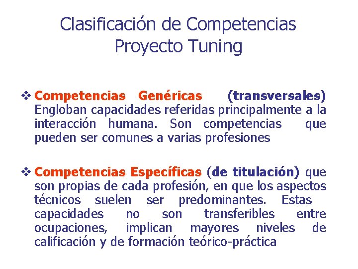 Clasificación de Competencias Proyecto Tuning v Competencias Genéricas (transversales) Engloban capacidades referidas principalmente a Clasificación de Competencias Proyecto Tuning v Competencias Genéricas (transversales) Engloban capacidades referidas principalmente a