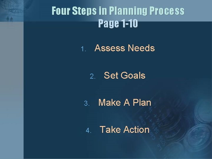 Four Steps in Planning Process Page 1 -10 Assess Needs 1. 2. Set Goals