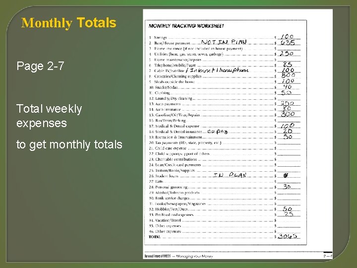 Monthly Totals Page 2 -7 Total weekly expenses to get monthly totals 