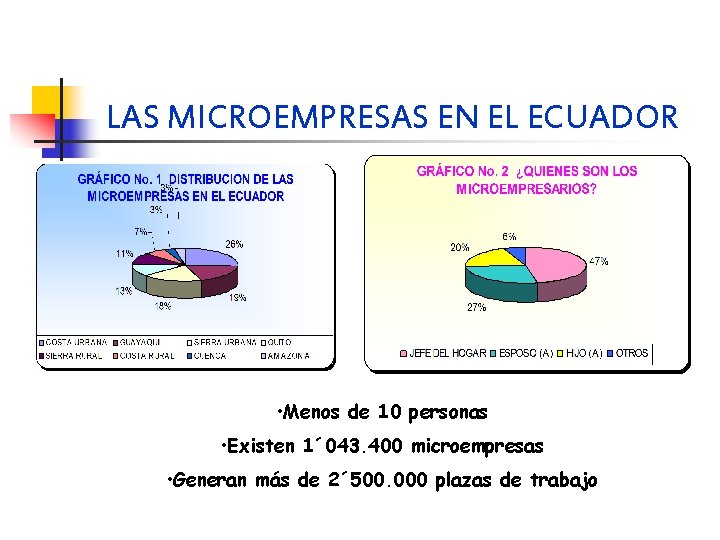 LAS MICROEMPRESAS EN EL ECUADOR • Menos de 10 personas • Existen 1´ 043.