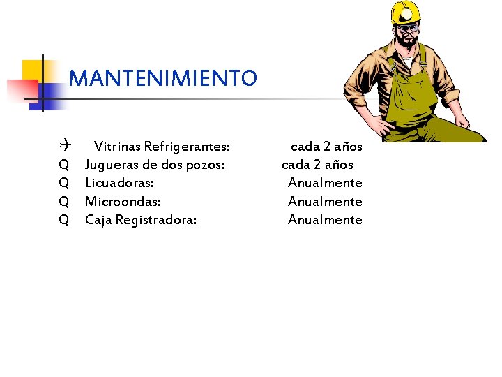 MANTENIMIENTO Q Vitrinas Refrigerantes: cada 2 años Q Jugueras de dos pozos: Q Licuadoras: