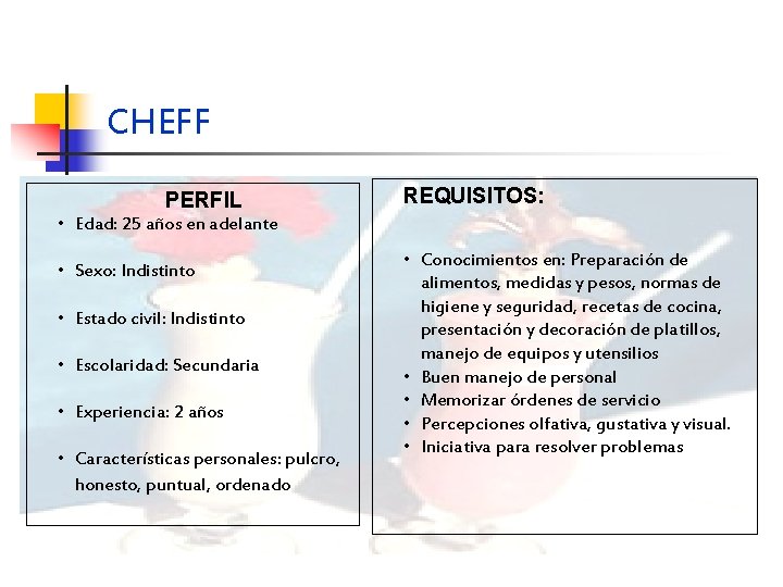 CHEFF PERFIL REQUISITOS: • Edad: 25 años en adelante • Sexo: Indistinto • Estado